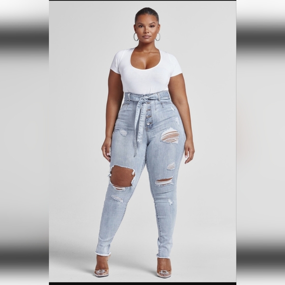 Fashion to Figure Denim - Fashion to Figure Ultra High Rise Tie Waist Destructed Jeans